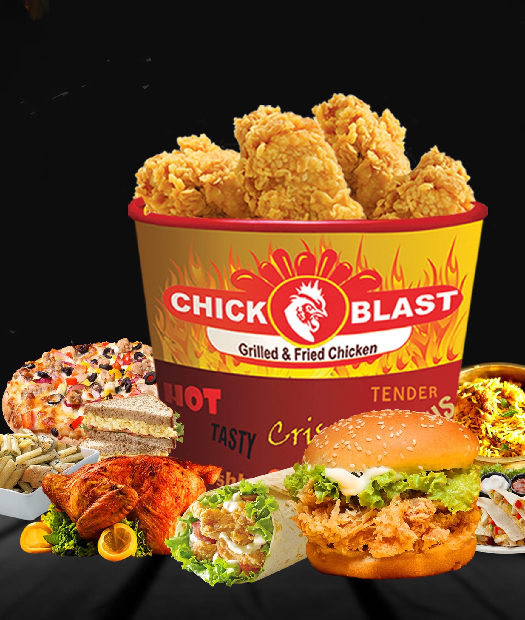 Flames Cakes and Bake Restaurant -Chick Blast - Logo